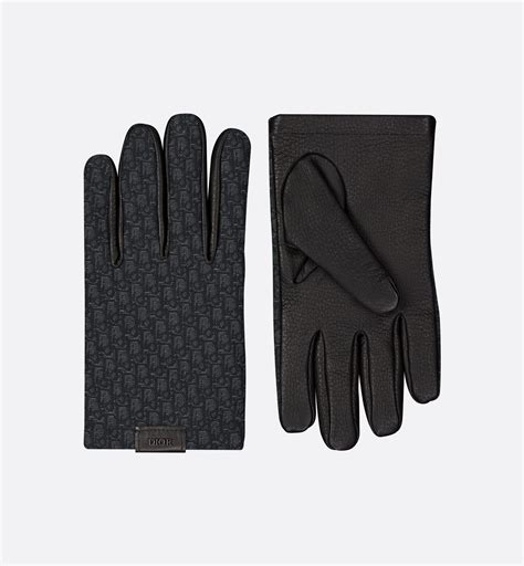 Gants Cuir grainé et toile jacquard micro Dior Oblique noirs 